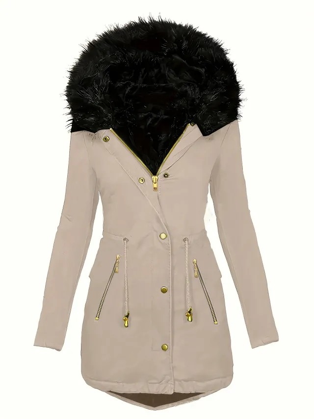 Zipper Faux Fur Decorative Hat Fur Coat Long Sleeve Oblique Khaki - Shop at LoveMi