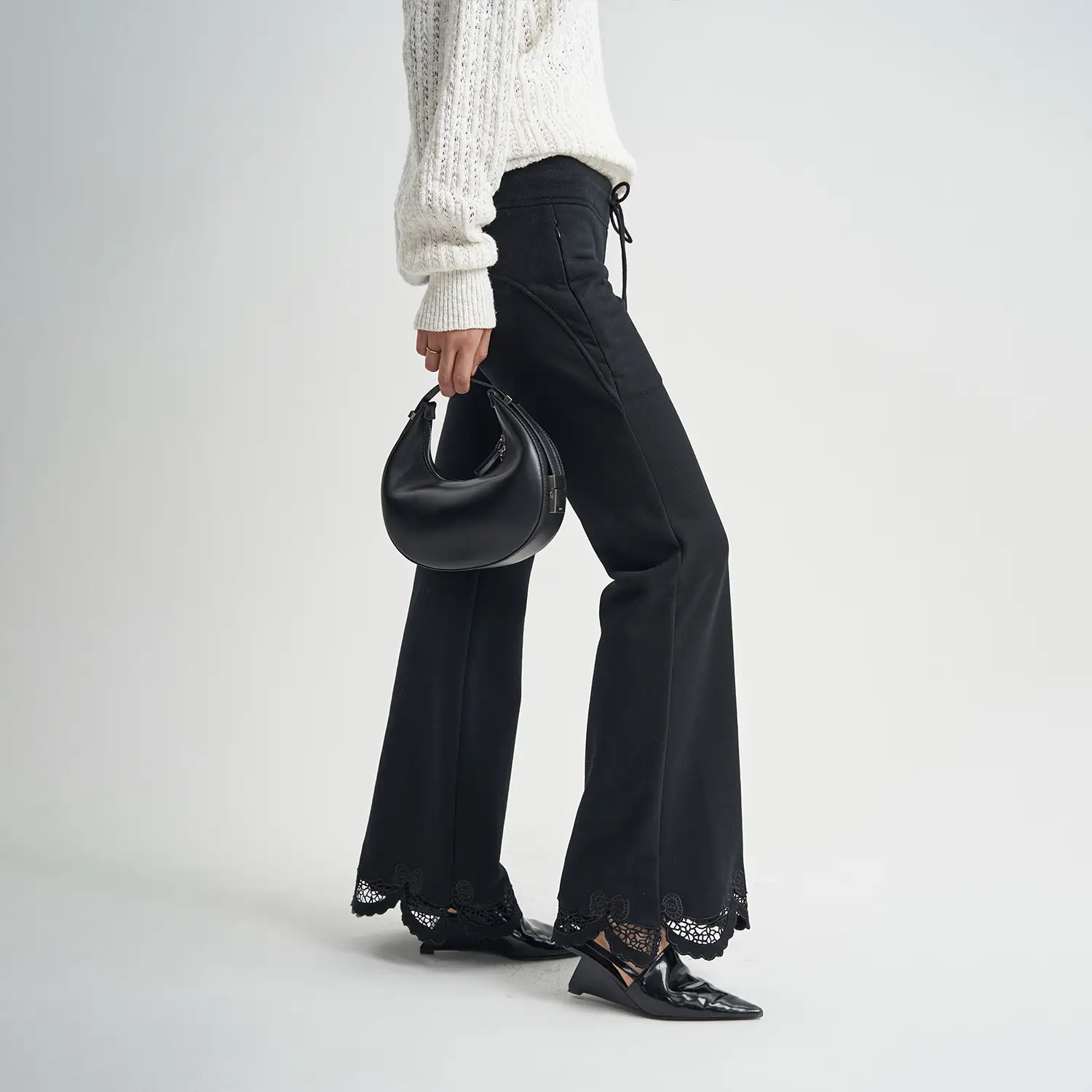 Black Trousers Lace Drawstring Women's High Waist