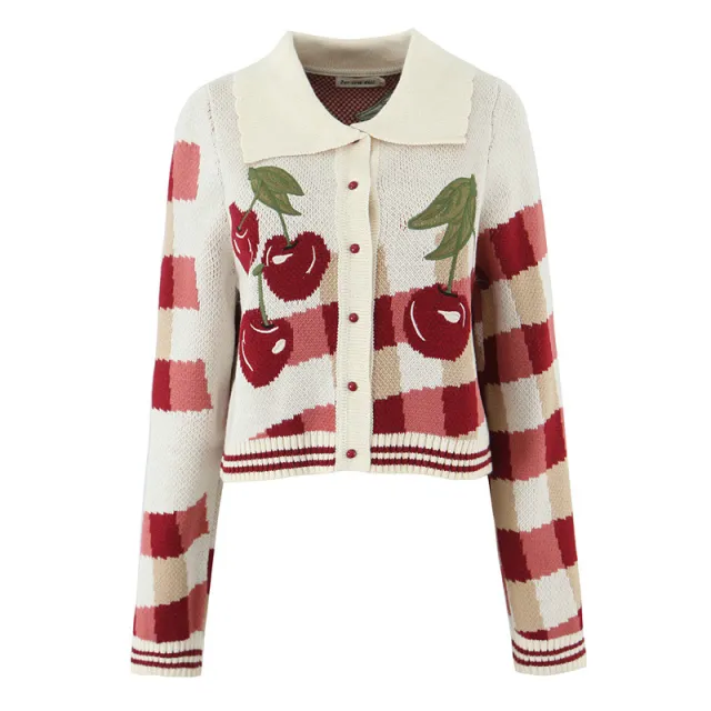 Women's Embroidered Cherry Cropped Sweater Coat Apricot Red - Shop at LoveMi