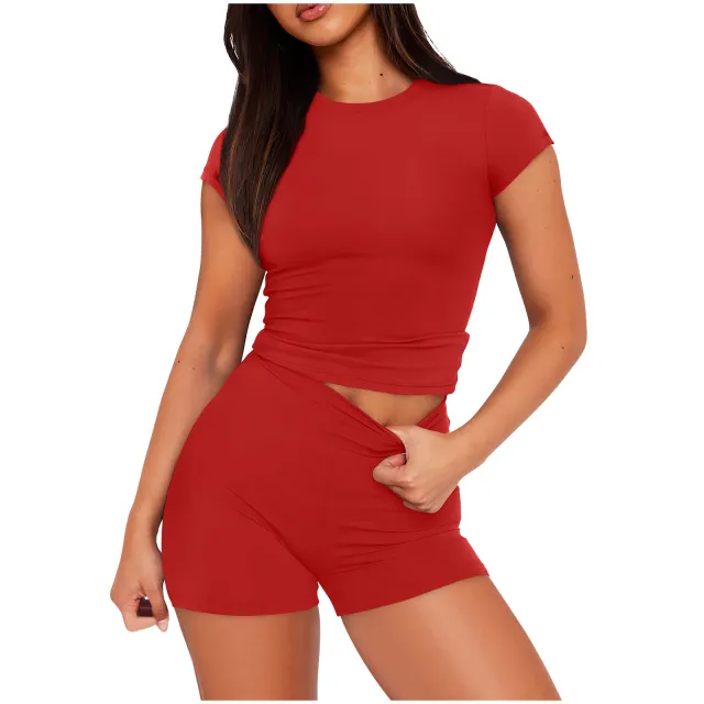 Solid Color Slim Shirt Top High Waist Shorts Suit Red - Shop at LoveMi