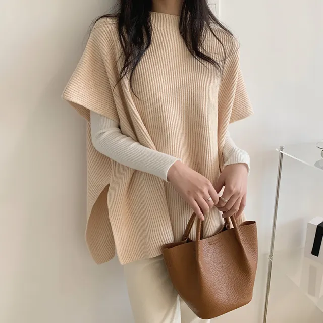 Elegant Lightly Mature Loose Slimming Cape Cloak Sweater Apricot - Shop at LoveMi