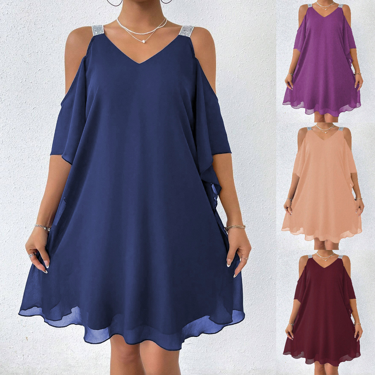 Solid-color V-neck Elegant European And American-style Dress