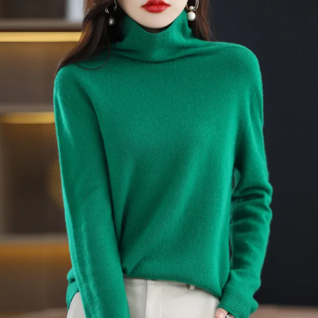 Women's Pile Collar Pullover Long sleeved Sweater Emerald Xxl - Shop at LoveMi