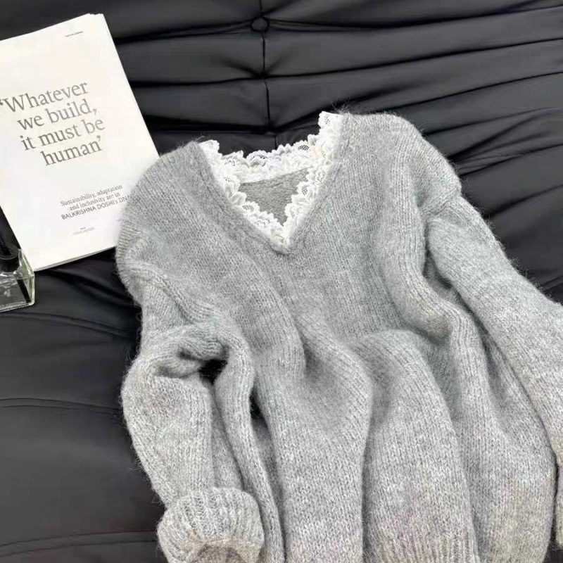 Korean Style Gray Lace Stitching Fashionable All-match Loose Sweater