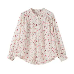 Draping Chiffon V-neck Casual Long Sleeve Shirt For Women - White - View 1