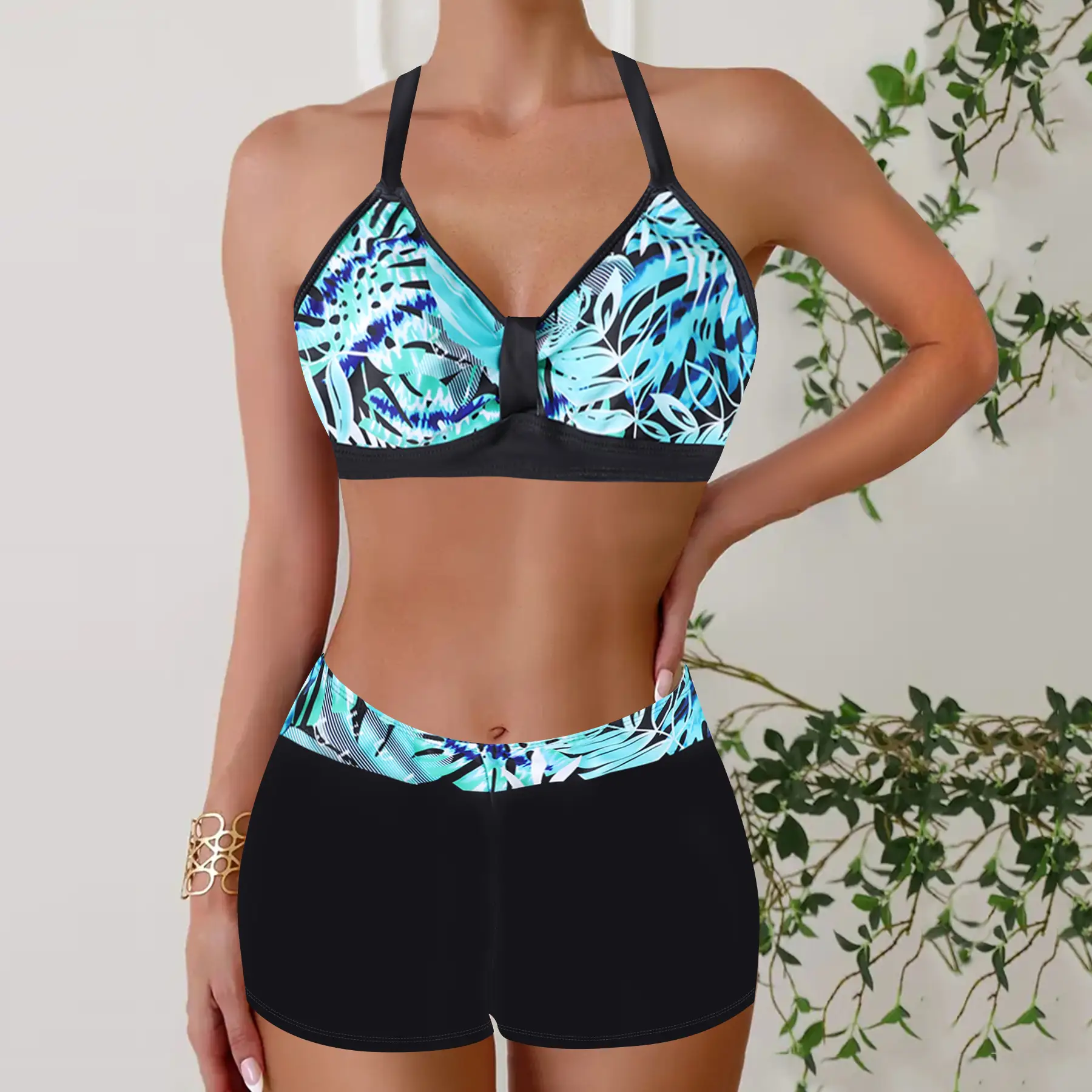 Boxer Conservative Jiyang Sexy Halter Slimming Printed Women's Bikini