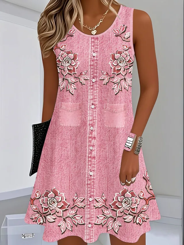 Sleeveless Straight cut Loose fitting Digital print Slip Dress Pink - Shop at LoveMi