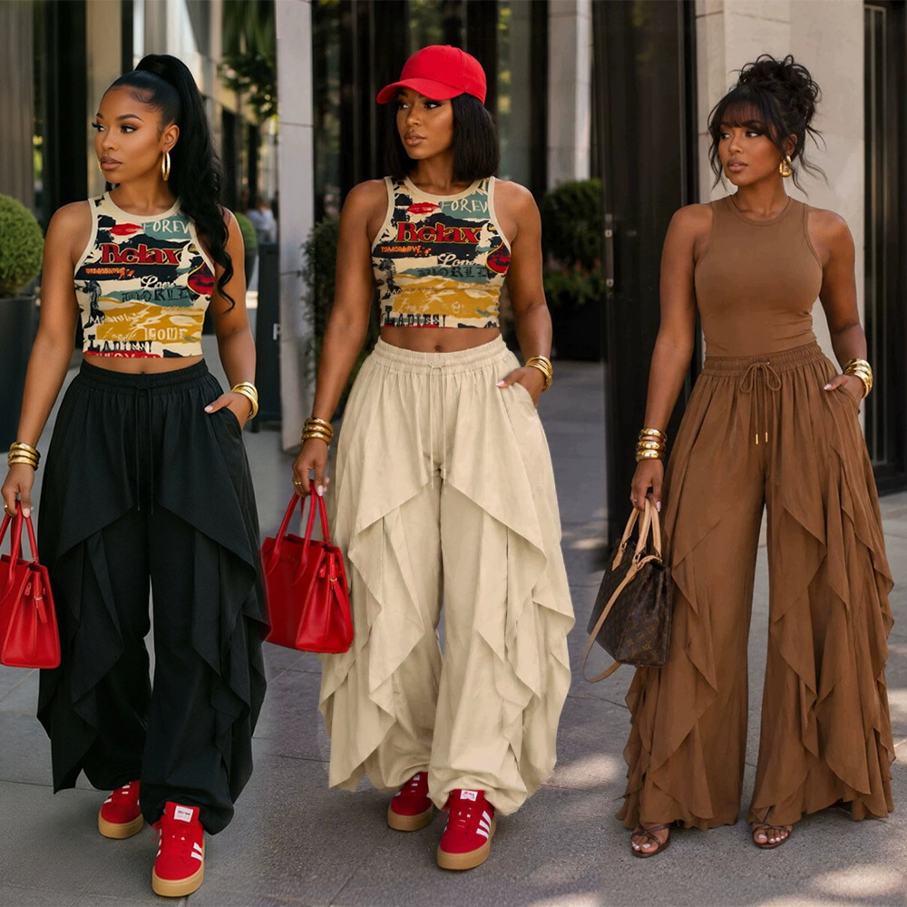 Womens Solid-color Asymmetrical High-waisted Drawstring Pants