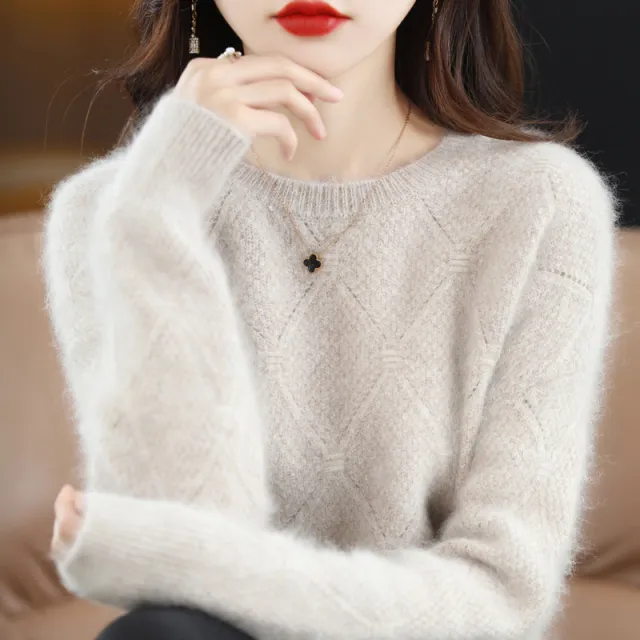 Hollow Round Neck Mink Sweater Women Camel Color Camel - Shop at LoveMi