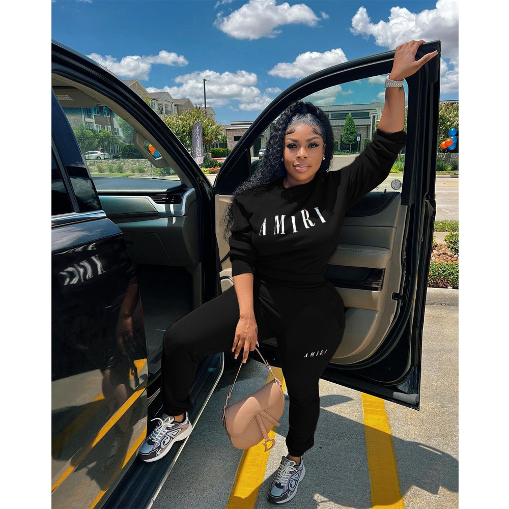 Printed Crew Neck Sweatshirt Two-piece Suit