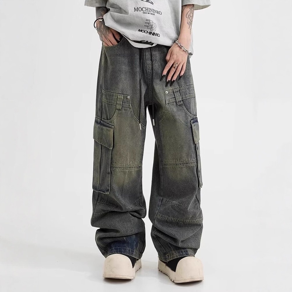 American-style Vintage Distressed Washed Springautumn Loose-fitting Straight-leg Denim Trousers With Multiple Pockets