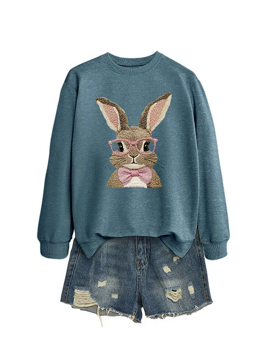 Brown Rabbit Bow Round Neck Sports Sweater Blue Sweater - Shop at LoveMi