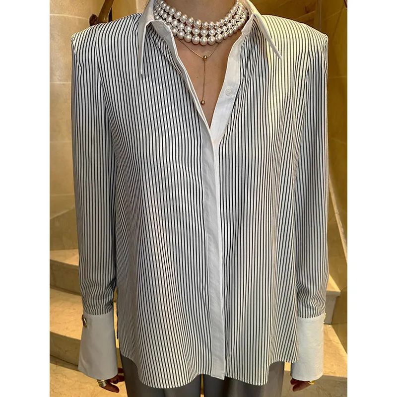 Women's Casual Printed Patchwork Long Sleeves Striped Shirt - Black
