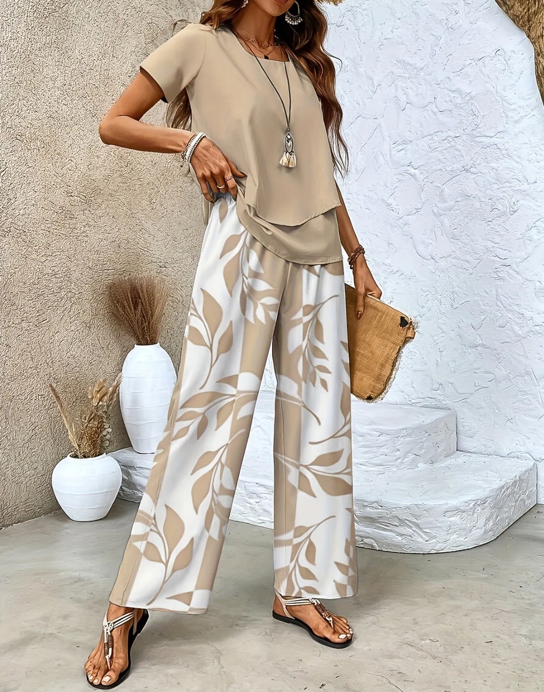 Fashionable Casual Short-sleeve Top And Wide-leg Pants Set