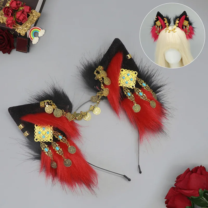 Tibetan Hair Accessories Exotic Wolf Ear Animal Ears Headband Bohemian Travel Photo Shooting Props - Black And Red