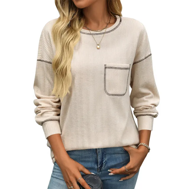 Women's Sunken Stripe Brushed Round Neck Pocket T shirt Apricot - Shop at LoveMi