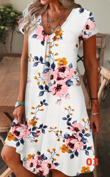 Printed Floral Pattern Round Neck Short Sleeve Dress 03 Style - Shop at LoveMi