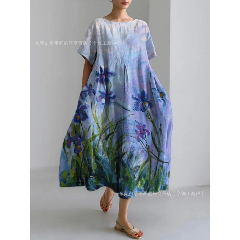 Women's Loose Round Neck Fashion Premium Short Sleeve Printed Dress