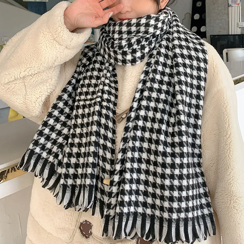 Women's Fashion Casual Cashmere Plaid Scarf - Houndstooth Black