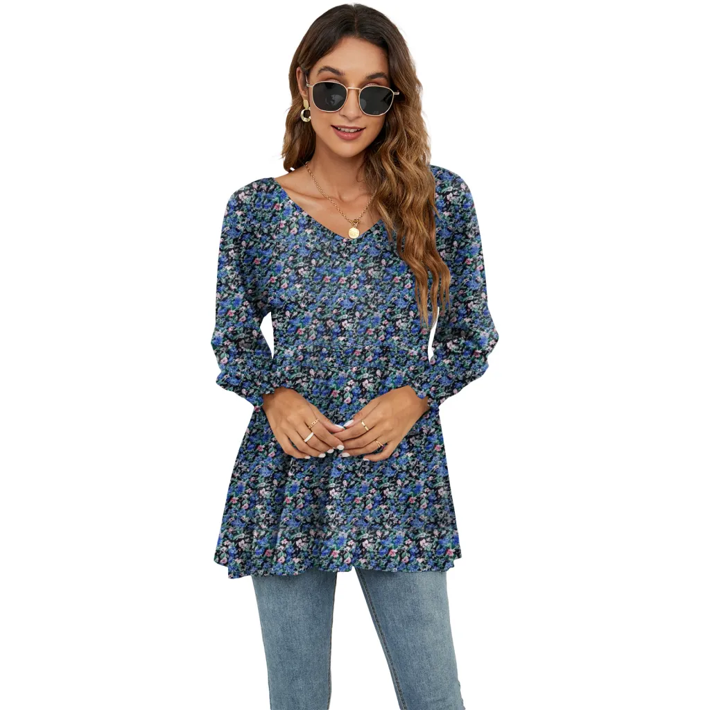Women's Fashion Casual Printing Bubble Long Sleeve Waist Top - No 5 Flower-L