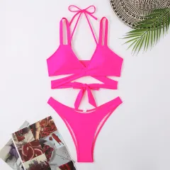 Solid Colour Strap Beach Bikini Swimsuit - Rose - View 1