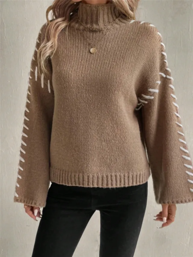 Long Sleeve Casual Loose Knitted Sweater Khaki - Shop at LoveMi