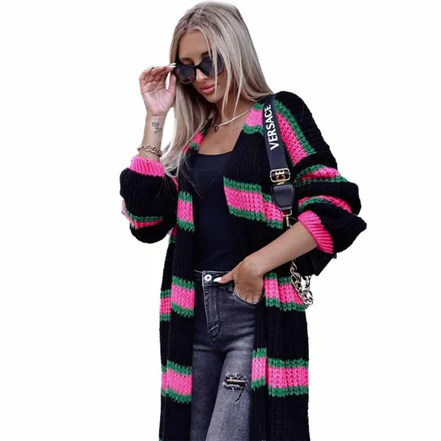 Striped Color Block Long Sleeve Knitted Sweater Baggy Coat Black - Shop at LoveMi