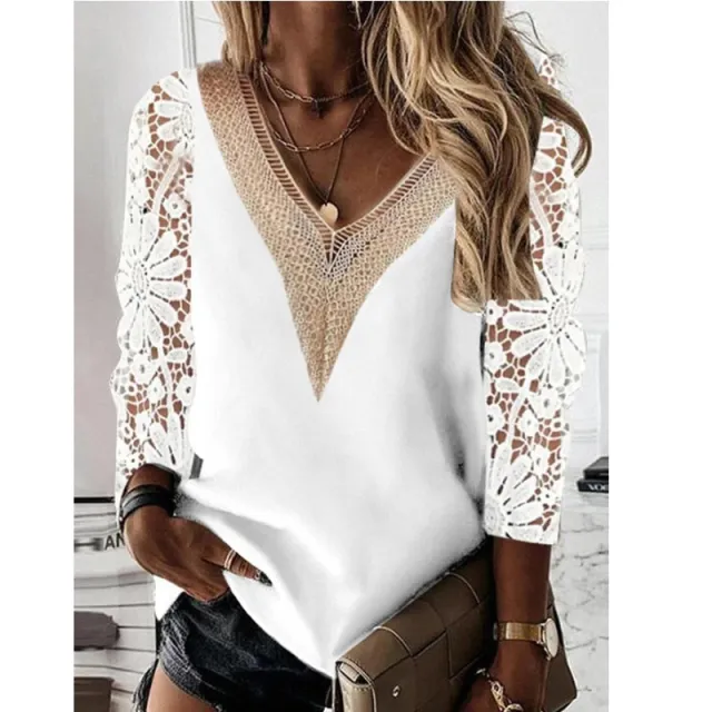 Commuter Nine quarter Sleeve V neck Stitching Hollow Lace Chiffon Shirt Pullover White - Shop at LoveMi