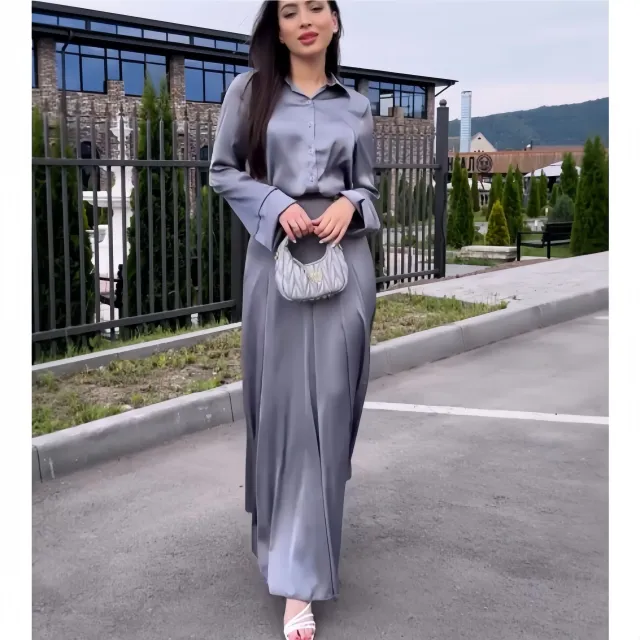 Soft Satin Stylish Temperament Long Sleeves Shirt Skirt Two piece Set Silver Gray - Shop at LoveMi