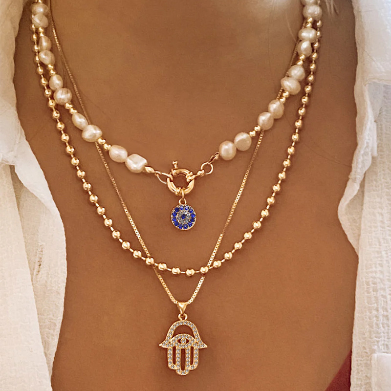 Niche Pearl Eye Palm Pendant Multi-layer Necklace