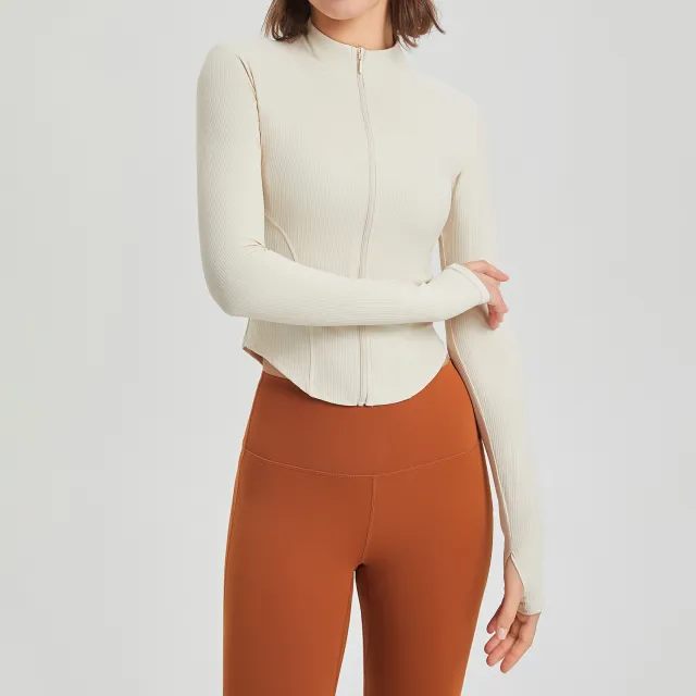 Shaping Yoga Clothes Women's Casual Jacket Long sleeved Zipper Skin friendly Sports Fitness Top Milk Apricot - Shop at LoveMi
