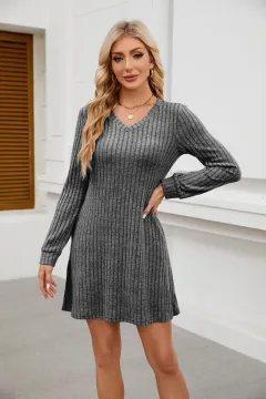 V-neck Pocket Sunken Stripe Brushed Long Sleeve Leisure Dress - Grey - View 1