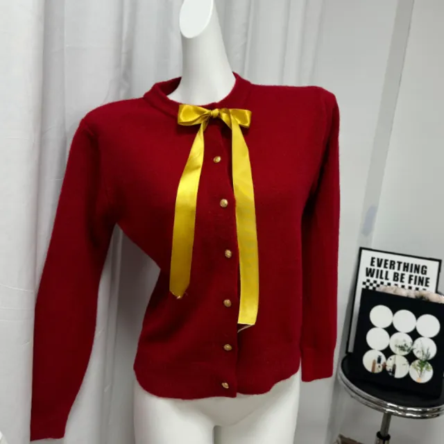Bow Ribbon Sweet Gentle Small Golden Button Sweater Red - Shop at LoveMi