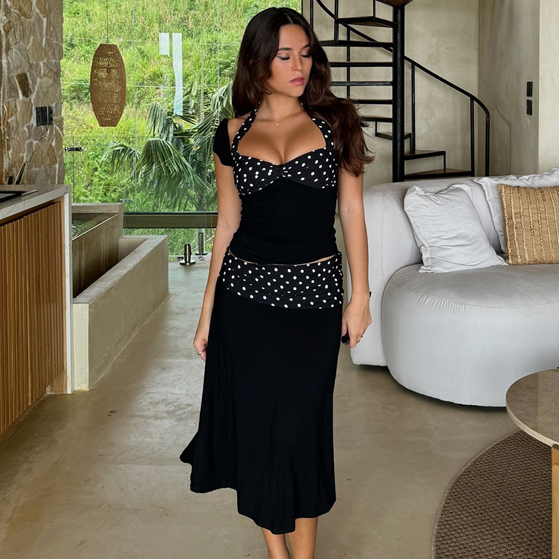 Backless Top Polka Dot Stitching Mid-length Dress Set