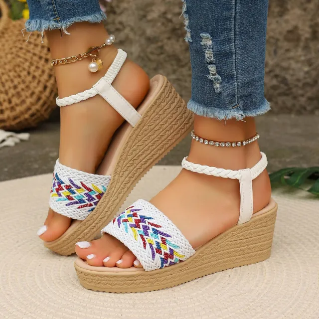 Wedge Round Toe Color blocking Women's Open Toe Sandals White - Shop at LoveMi