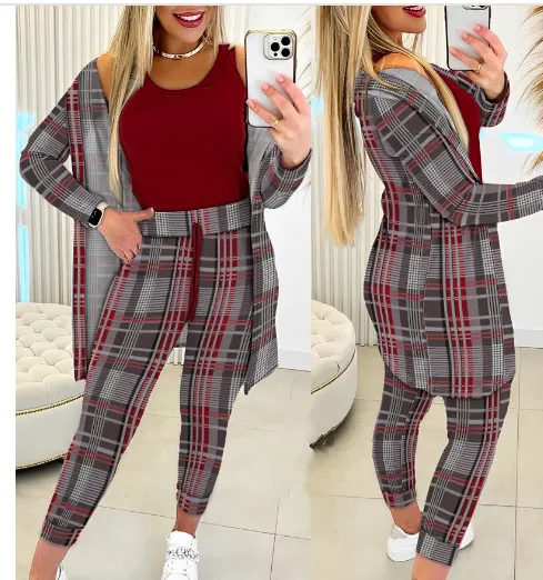 Women's Casual Printing Suit Fashion Stripes Three piece Suit Gray - Shop at LoveMi