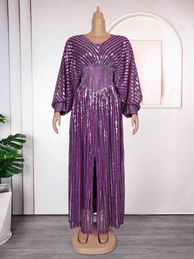 Elegant Sequined V neck Slim Slit Dress Evening Dress Purple - Shop at LoveMi