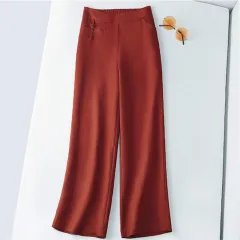 New Half Elastic High Belt Buckle Slimming Casual Cotton Linen Wide Leg Pants - Brick Red - View 1