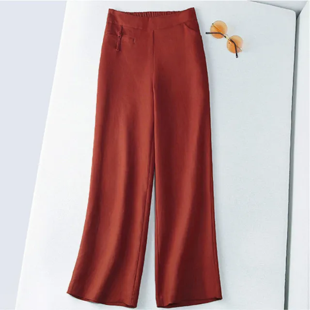 New Half Elastic High Belt Buckle Slimming Casual Cotton Linen Wide Leg Pants Brick Red - Shop at LoveMi