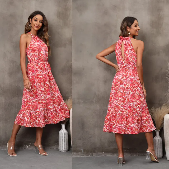 Sleeveless Halter Floral Dress Women Red - Shop at LoveMi