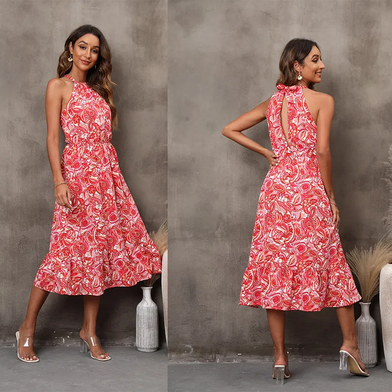 Sleeveless Halter Floral Dress Women - Red