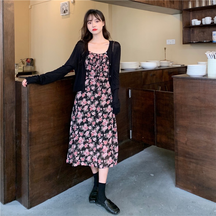 Early Spring New Plump Girls Slimming Sweater Suit Black Knitwear Floral Slip Dress Two-piece Set