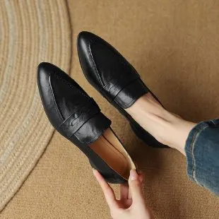 New Retro Pointed Toe Flat Bottom Slip on Loafers Black - Shop at LoveMi