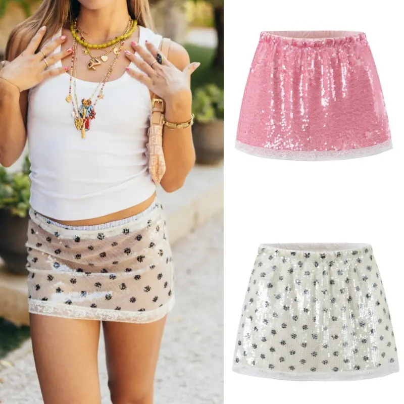 French-style Sexy Siren Lace-and-paillette Patchwork Midi Skirt