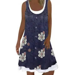 Loose Digital Printing Casual Dress - Denim Blue Flower - View 1