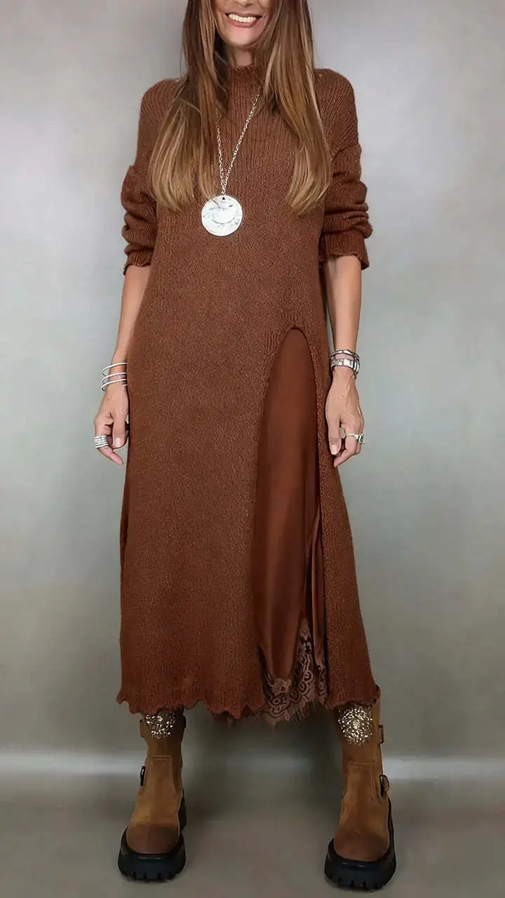 Autumn Lace Sling Slit Woolen Skirt Two-piece Set - Brown