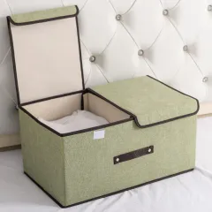 Cotton And Linen Fabric Double Lid Storage Box Foldable - Light Green - View 1