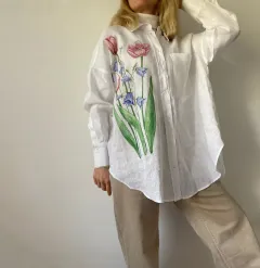 Three-dimensional Hand Crochet Knitted White Flower Printed Cotton And Linen Shirt - Pink - View 1