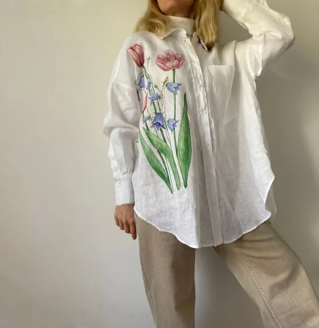 Three dimensional Hand Crochet Knitted White Flower Printed Cotton And Linen Shirt White - Shop at LoveMi