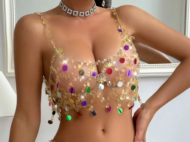 Stage Performance Sexy Sling Color Chain Suit Gold Top - Shop at LoveMi